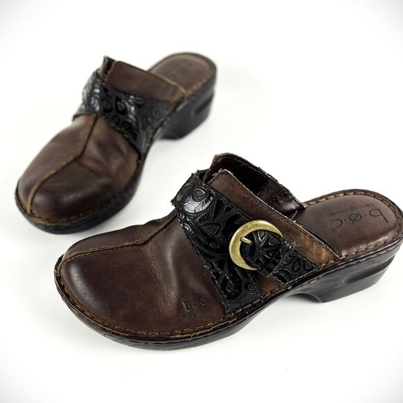 BOC Born Concept Brown Clogs wedge heel brass buckle tooled black straps SZ 8 - Picture 2 of 12